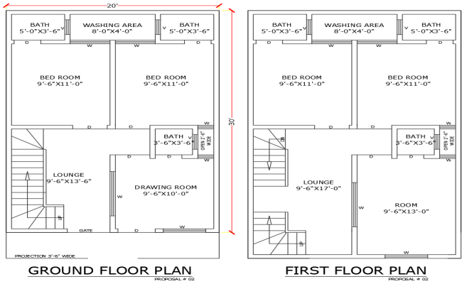20x30Ft Ground and First Floor 5BHK House Plan DWG File