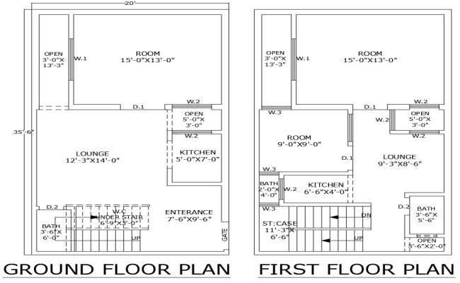 2BHK Two Floor 20x35.6ft House Layout in AutoCAD file