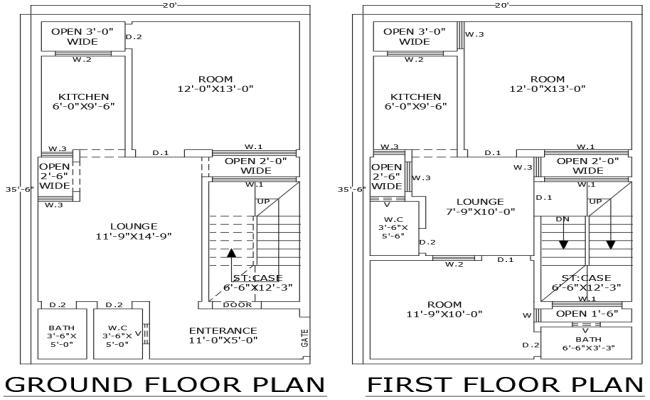 20x35.6Ft 3BHK House Layout with Two Floor Plan DWG format