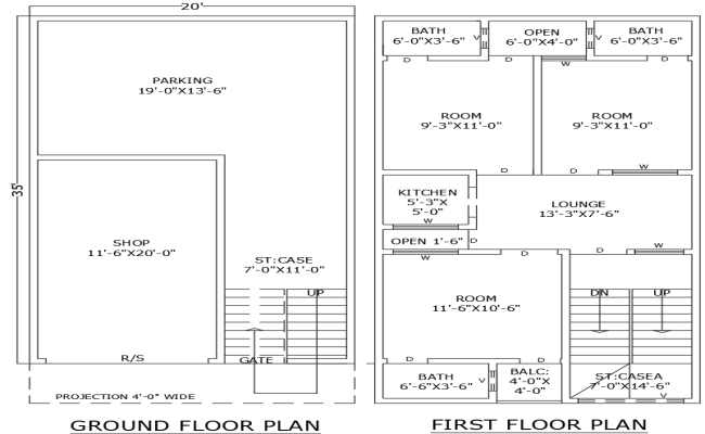 20ftx35ft 3BHK House Plan with Shop Area in DWG Format