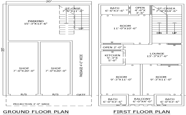 20x35ft 3BHK Floor Plan with Shop in AutoCAD DWG File