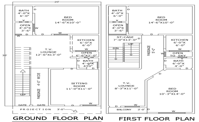 Compact 3BHK House Plan 20ftx36ft Ground 1st Floor DWG File