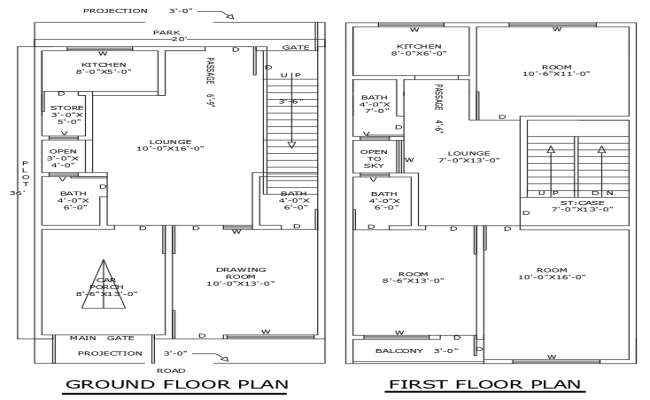 Ground First Floor 3BHK House Plan 20ftx36ft DWG File