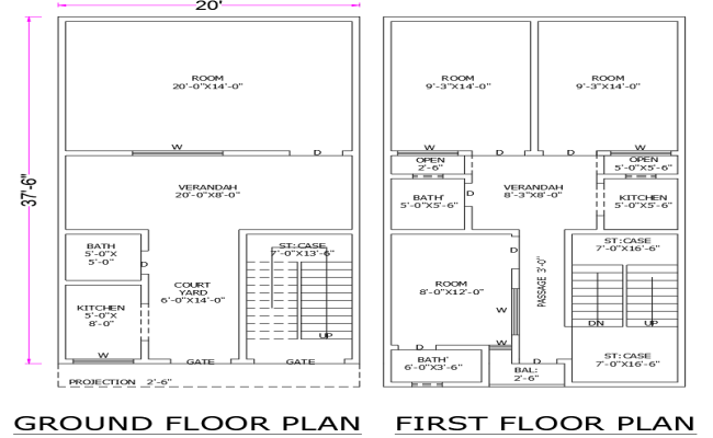 4BHK House Plan 20ftx37.6ft AutoCAD Two Floor Layout