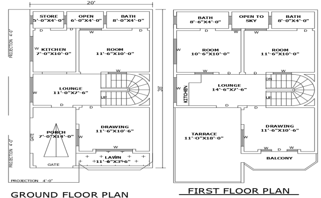 20ftx38ft 3BHK Two Floor House Plan in DWG File Format