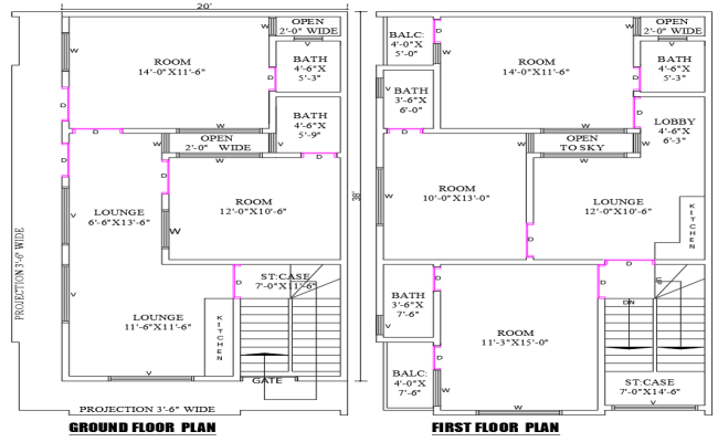 20ftx38ft 5BHK House Plan with Ground & First Floor DWG File