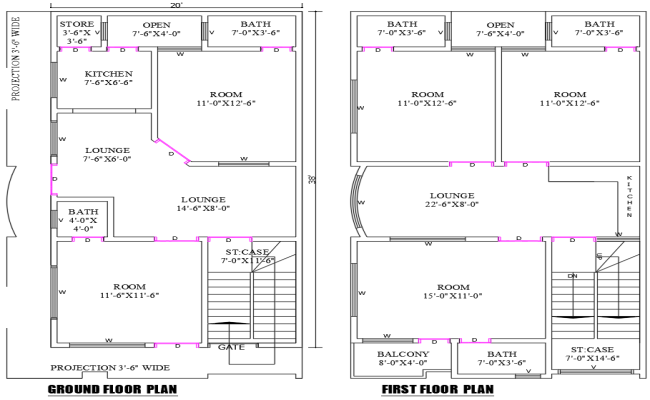 20ftx38ft 5BHK House Plan with Two Floors in DWG File
