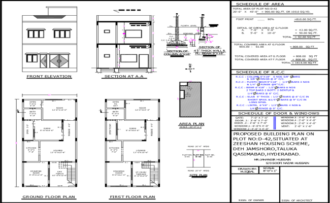 20ftx45ft 4BHK House Front Elevation and Section Plan