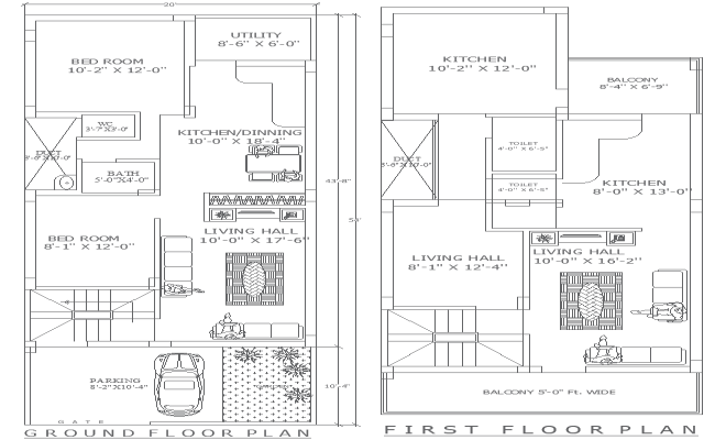 20x54 Feet 2BHK Home Plan with Ground and First Floor
