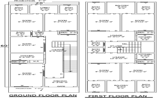 Ground and First Floor 20ftx60ft House Plan in DWG File
