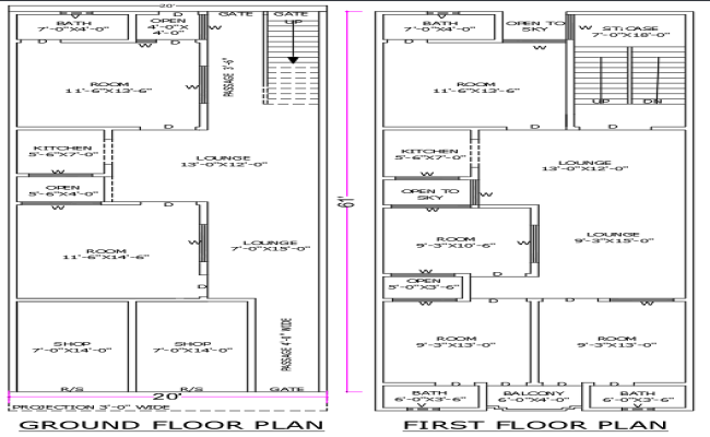 20ftx61ft House and Shop Plan Design in DWG Format