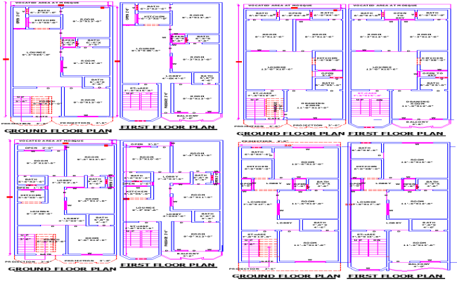 20x50 House Plan with 4 Unit Layouts Detailed in AutoCAD DWG File