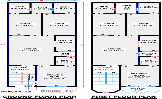 20x51 Two-Story Residential House Plan in DWG File