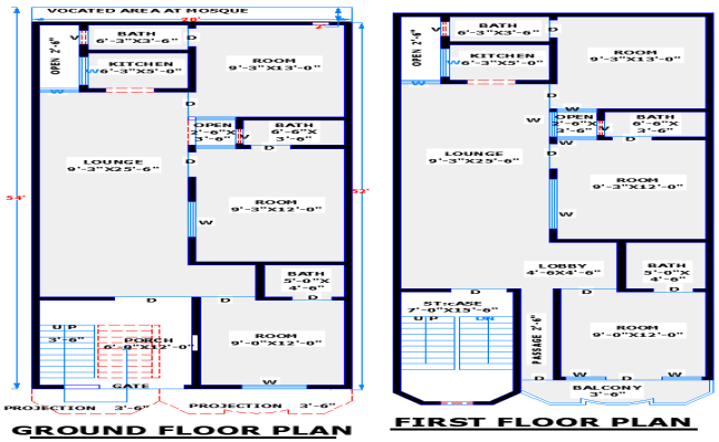 20x54 G plus1 Residential House Plan in CAD Drawing Format