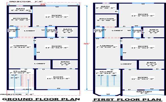 20x55 Two-Story Residential House Plan in AutoCAD Format