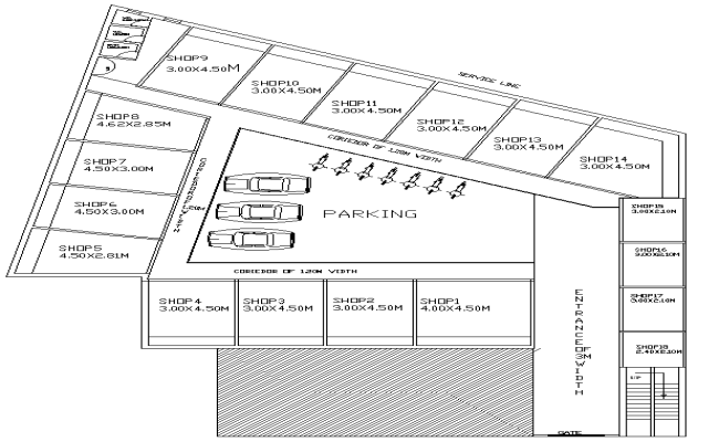 21.90m x 21.10m Shop and Parking Layout Design with AutoCAD DWG File Download