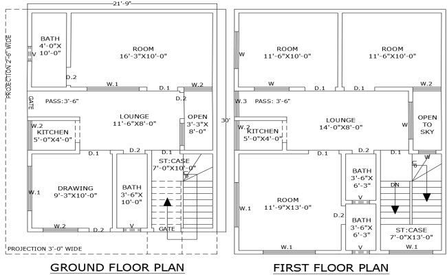 AutoCAD Plan 4BHK 21.9ftx30ft Ground and First Floor