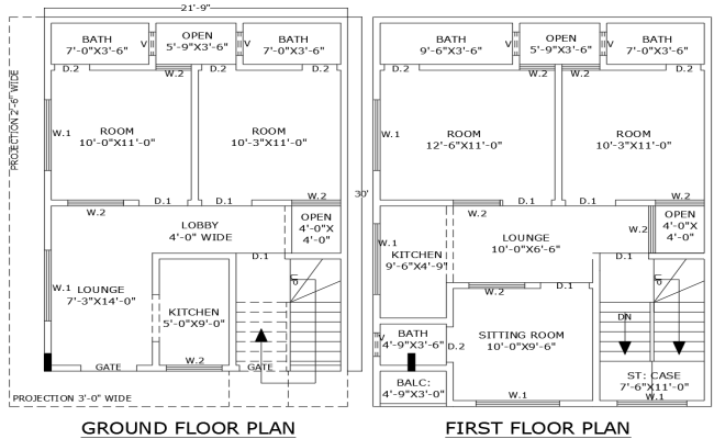 AutoCAD 21.9ftx30ft House Plan 4BHK Two Floor Layout