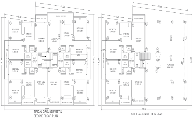 22.5m x 14m Apartment Ground, First, and Second Floor House Plan with Stilt Parking Floor Plan - AutoCAD DWG File
