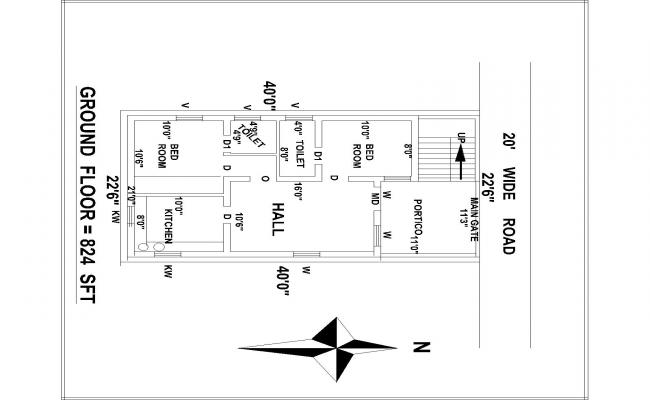 22'6"’x40' North Facing House Plan Drawing Vastu Shastra DWG File