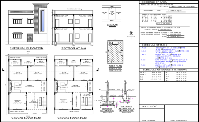 22x50 Architecture House Plan with Elevation and Sections