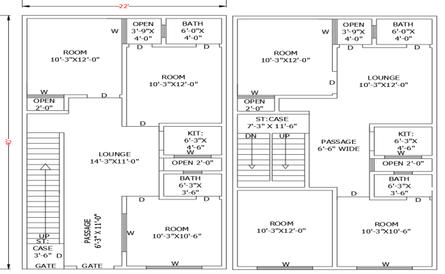 22ftx40ft 6BHK House Plan Layout in DWG AutoCAD Format