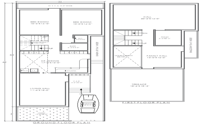 22ftx66ft 2BHK Ground and First Floor House Plan DWG Format