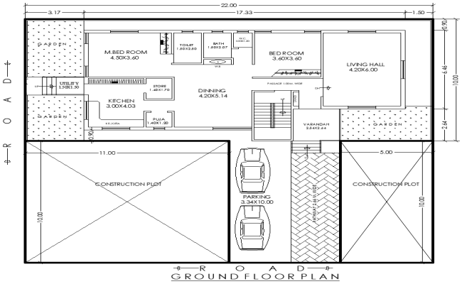 22mx10m 2BHK Ground Floor House Plan in DWG Drawing