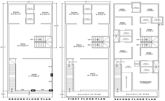 23.1ft x 61.7ft Hotel and Shop Layout Plan with Basement, Ground & First Floors - AutoCAD DWG