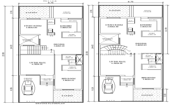23.50m x 8.75m Two Different Ground Floor House Plans - AutoCAD DWG File 