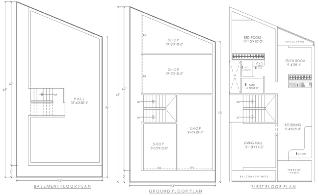 23ft x 45ft Basement, Ground & First Floor House and Shop Plan Layout – AutoCAD DWG File