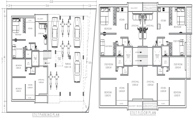 23mx14m Stilt Floor House Plan with Parking in DWG Format