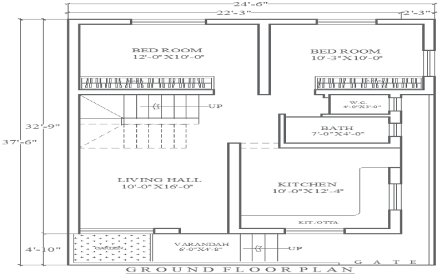 Ground Floor 2BHK Plan 24.6ftx37.6ft DWG House Design