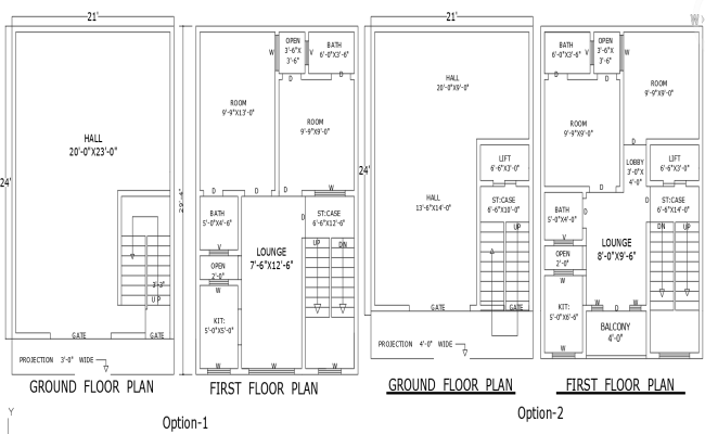 AutoCAD Drawing of 24'x21' House Plan with 2 Layout Styles
