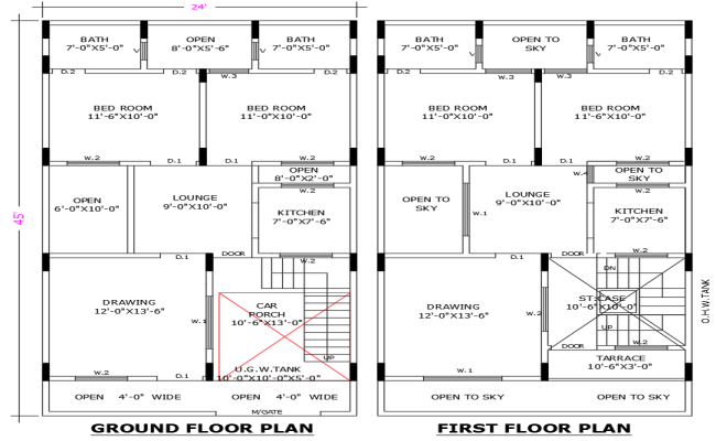 24x45 Feet 4BHK House Floor Plan in CAD File Drawing