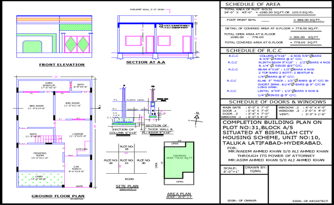 24x45 Single Storey House Plan with Lawn and Wash Area