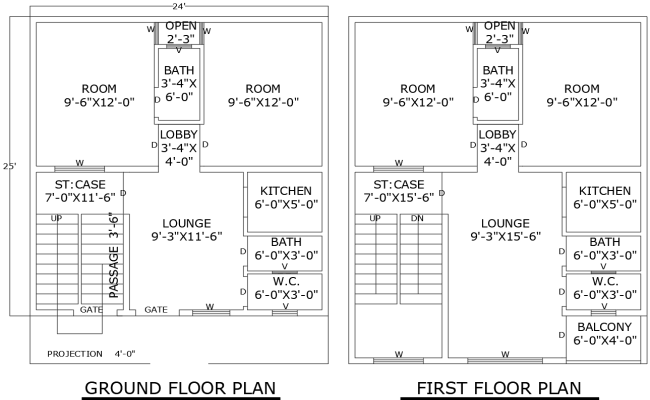 24ftx25ft 4BHK House Plan with Ground and 1 Floor DWG File