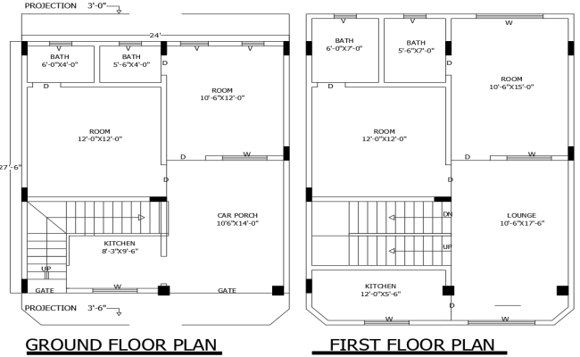 24ft x 27.6ft 4BHK House Plan with Ground and First Floor Plan – AutoCAD DWG File