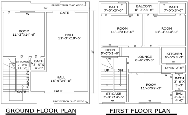 24ftx27ft Two Floor 4BHK House Layout in DWG Format