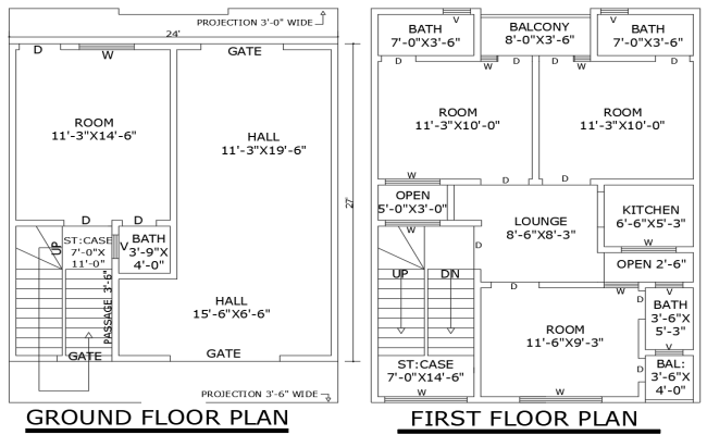 24ftx27ft 4BHK Two Floor House Plan in AutoCAD Drawing