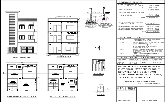 24x30ft 3BHK house plan DWG with elevation and sections