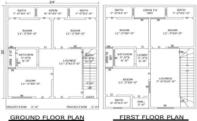 24x30ft 6BHK House Plan with Two Floor Design in DWG File