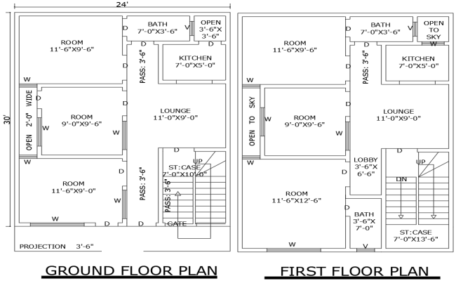 24ftx30ft 6BHK House Plan with Ground and First Floors