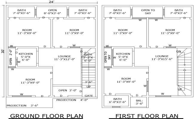 24ftx30ft 6BHK House Design with Two Floor DWG Plan