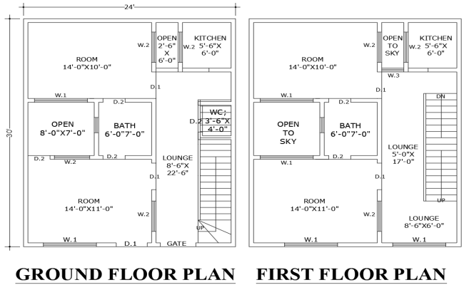 24x30ft 4BHK Ground and First Floor House Plan DWG File