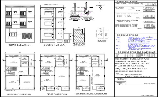 24x40ft 7BHK house plan DWG with elevation and section