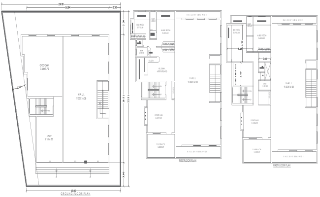 24m x 22.51m First-floor House Plan With Ground Floor Godown and Shop Layout Design | Autocad DWG File