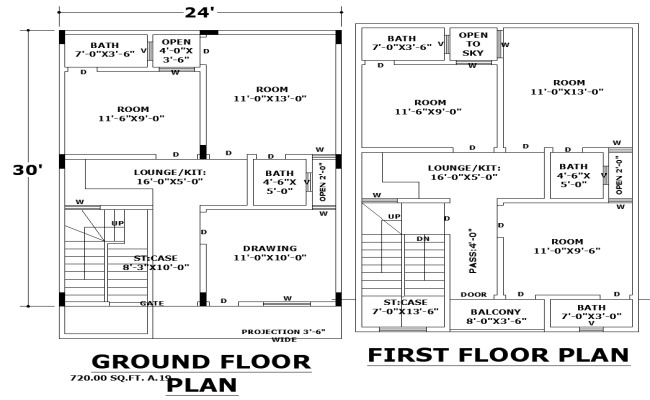 Compact 24x30 Two-Story House Plan AutoCAD DWG Design