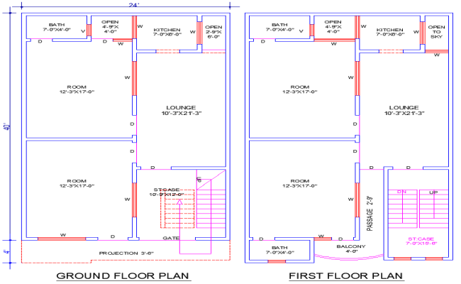 24'x40' House Blueprint DWG with 4 Bedrooms and 3 Bathrooms