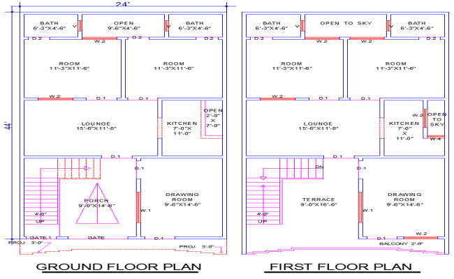 24x44 Residential House Plan DWG with Terrace and Parking Space